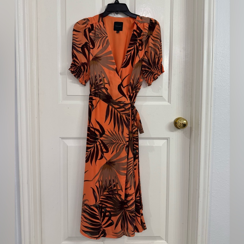 Alex Marie Orange Leaf Print Midi Dress